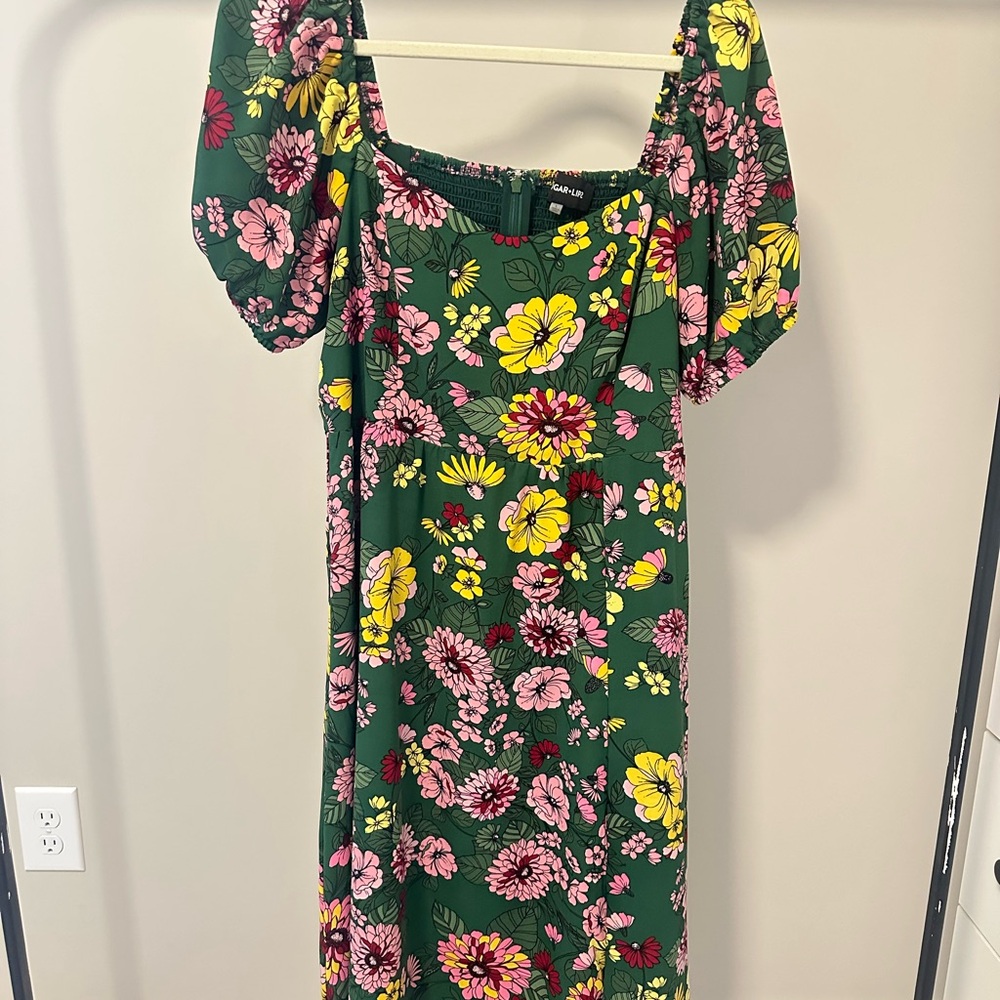 Sugarlips Green Floral Midi Dress with Pink and Yellow Flowers - Size Large